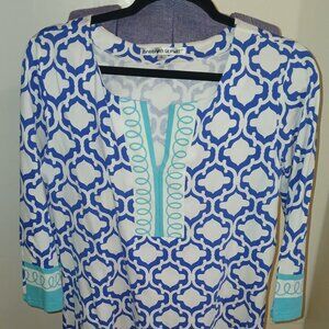 Barbara Gerwit Dress Navy and Aqua Split Neck Tunic Resort Wear 3/4 Sleeve